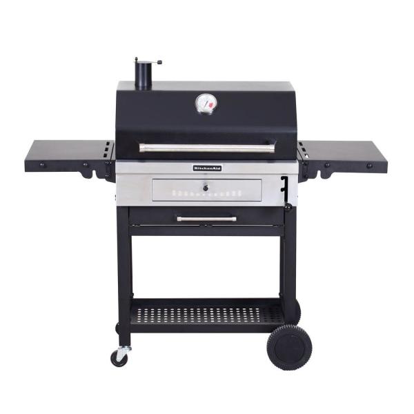 Cart-Style Charcoal Grill in Black with Foldable Side Shelves